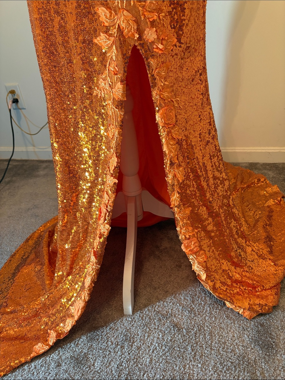 Hebeos orange sequin floral mesh maxi open back prom high slit dress - Picture 4 of 9